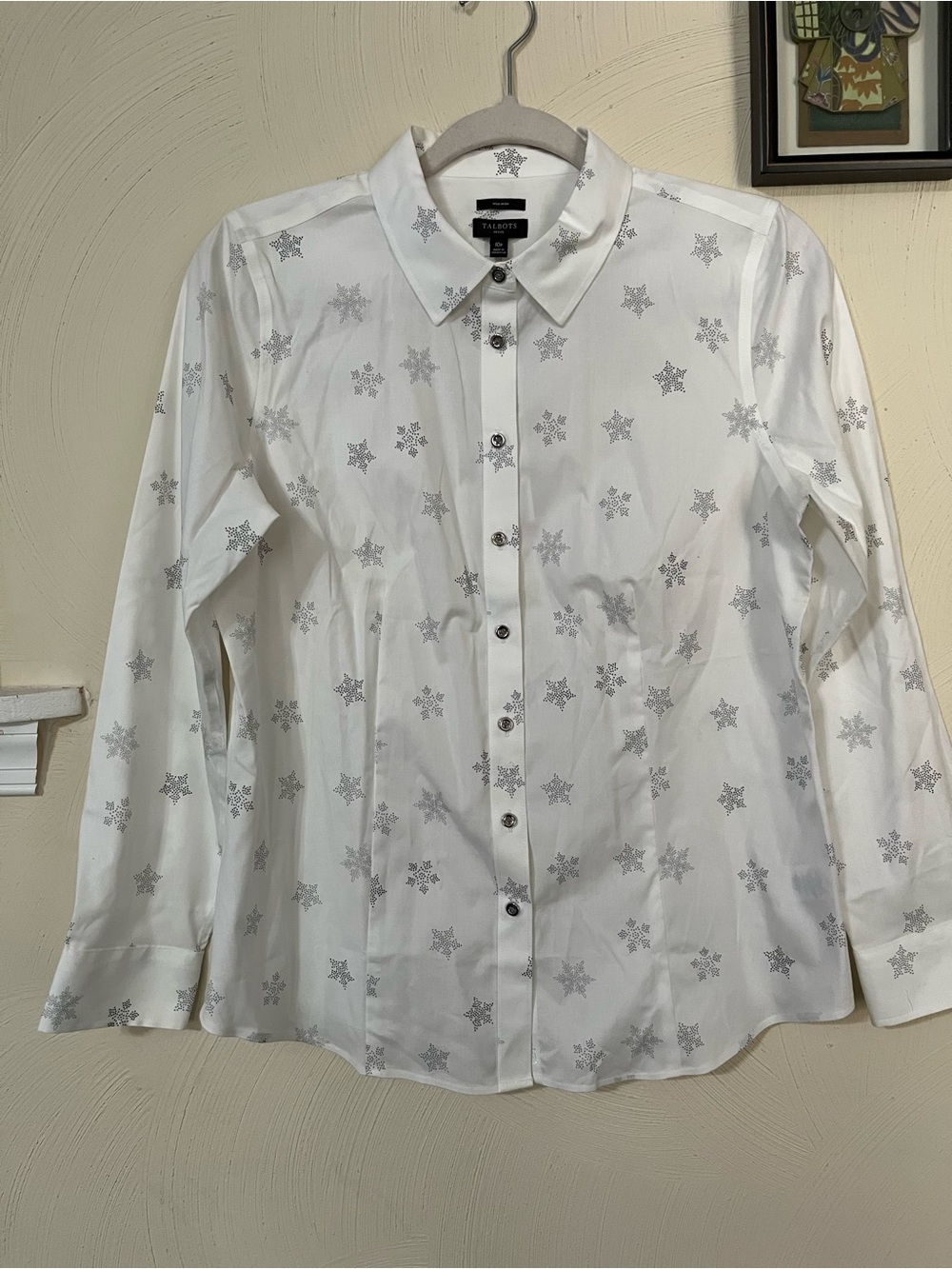 Talbots White Button down Non Iron Shirt with Silver Snowflake Print